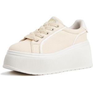 imageLUCKY STEP Womens Platform Fashion Sneakers Classic Wedge Canvas Casual Low Top Retro Walking ShoesBeige