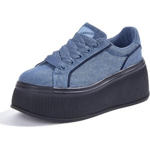 imageLUCKY STEP Womens Platform Fashion Sneakers Classic Wedge Canvas Casual Low Top Retro Walking ShoesDark Denim Blue