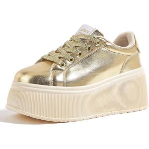 imageLUCKY STEP Womens Platform Fashion Sneakers Classic Wedge Canvas Casual Low Top Retro Walking ShoesGold