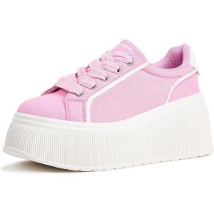 imageLUCKY STEP Womens Platform Fashion Sneakers Classic Wedge Canvas Casual Low Top Retro Walking ShoesPink