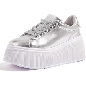 imageLUCKY STEP Womens Platform Fashion Sneakers Classic Wedge Canvas Casual Low Top Retro Walking ShoesSilver