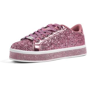 imageLUCKY STEP Womens Platform Glitter Sneakers  Sparkly Bling Shiny Dressy Bedazzled Wedding Bridal Fashion Walking ShoesAll Pink