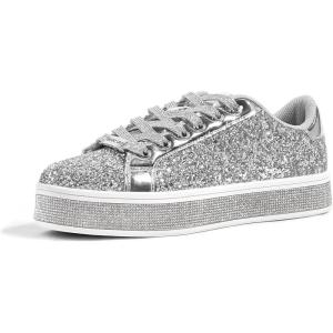 imageLUCKY STEP Womens Platform Glitter Sneakers  Sparkly Bling Shiny Dressy Bedazzled Wedding Bridal Fashion Walking ShoesSilver