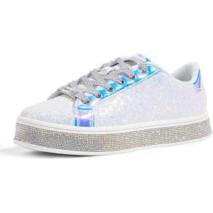 imageLUCKY STEP Womens Platform Glitter Sneakers  Sparkly Bling Shiny Dressy Bedazzled Wedding Bridal Fashion Walking ShoesWhite
