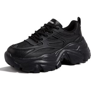 imageLUCKY STEP Chunky Sneakers for Women Platform Tennis Fashion White Dad Shoes Mesh Breathable Casual Wedge Lace Up Walking SneakersBlack