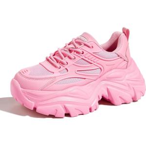 imageLUCKY STEP Chunky Sneakers for Women Platform Tennis Fashion White Dad Shoes Mesh Breathable Casual Wedge Lace Up Walking SneakersPink