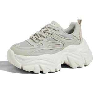 imageLUCKY STEP Chunky Sneakers for Women Platform Tennis Fashion White Dad Shoes Mesh Breathable Casual Wedge Lace Up Walking SneakersTaupe