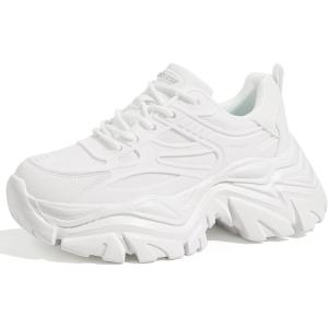 imageLUCKY STEP Chunky Sneakers for Women Platform Tennis Fashion White Dad Shoes Mesh Breathable Casual Wedge Lace Up Walking SneakersWhite
