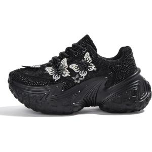 imageLUCKY STEP Womens Chunky Sneakers Platform Fashion Rhinestone Sparkly Dad Walking Shoes Butterfly Lace Wedge Casual Shiny Thick Sole FootwearBlack
