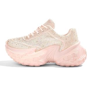 imageLUCKY STEP Womens Chunky Sneakers Platform Fashion Rhinestone Sparkly Dad Walking Shoes Butterfly Lace Wedge Casual Shiny Thick Sole FootwearNude