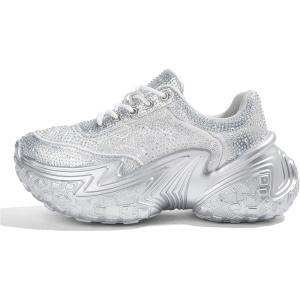 imageLUCKY STEP Womens Chunky Sneakers Platform Fashion Rhinestone Sparkly Dad Walking Shoes Butterfly Lace Wedge Casual Shiny Thick Sole FootwearSilver