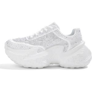 imageLUCKY STEP Womens Chunky Sneakers Platform Fashion Rhinestone Sparkly Dad Walking Shoes Butterfly Lace Wedge Casual Shiny Thick Sole FootwearWhite