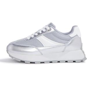imageLUCKY STEP Womens Platform Retro Sneakers Classic Trainers Casual Footwear Tennis Running Chunky Laceup Stylish Walking ShoesSilver