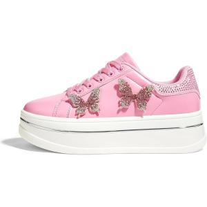 imageLUCKY STEP Womens Chunky Fashion Sneakers High Platform Rhinestone Butterfly Casual Faux Leather Durable Walking Tennis ShoesPink