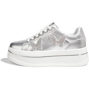 imageLUCKY STEP Womens Chunky Fashion Sneakers High Platform Rhinestone Butterfly Casual Faux Leather Durable Walking Tennis ShoesSilver