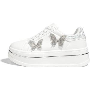 imageLUCKY STEP Womens Chunky Fashion Sneakers High Platform Rhinestone Butterfly Casual Faux Leather Durable Walking Tennis ShoesWhite
