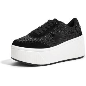 imageLUCKY STEP Womens Platform Chunky Sneakers Fashion Star Glitter Sparkly Wedge Walking Shoes High Heel Casual Shiny Thick Sole FootwearBlack Glitter