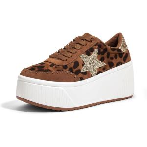 imageLUCKY STEP Womens Platform Chunky Sneakers Fashion Star Glitter Sparkly Wedge Walking Shoes High Heel Casual Shiny Thick Sole FootwearLeopard
