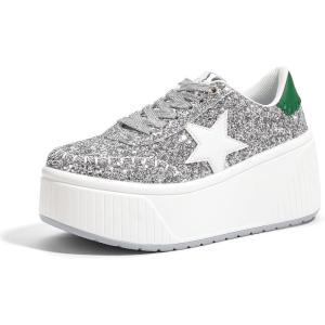 imageLUCKY STEP Womens Platform Chunky Sneakers Fashion Star Glitter Sparkly Wedge Walking Shoes High Heel Casual Shiny Thick Sole FootwearSilver Glitter