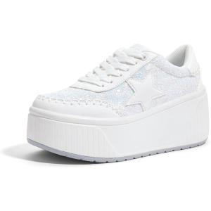imageLUCKY STEP Womens Platform Chunky Sneakers Fashion Star Glitter Sparkly Wedge Walking Shoes High Heel Casual Shiny Thick Sole FootwearWhite Glitter
