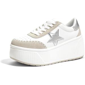 imageLUCKY STEP Womens Platform Chunky Sneakers Fashion Star Glitter Sparkly Wedge Walking Shoes High Heel Casual Shiny Thick Sole FootwearWhiteSilver