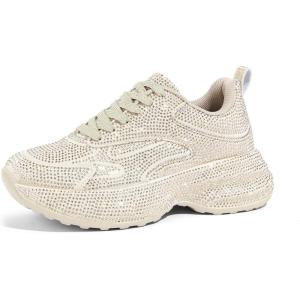 imageLUCKY STEP Rhinestone Chunky Sneakers for Women Fashion Platform Sparkly Dad Casual Shoes Lightweight Tennis Walking Sport FootwearBeige