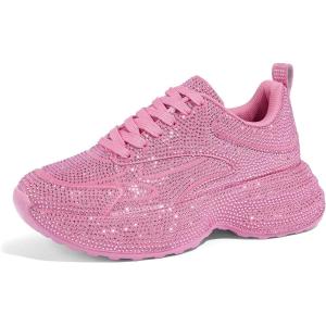 imageLUCKY STEP Rhinestone Chunky Sneakers for Women Fashion Platform Sparkly Dad Casual Shoes Lightweight Tennis Walking Sport FootwearPink