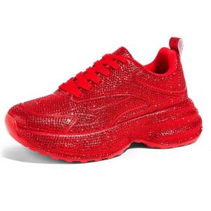 imageLUCKY STEP Rhinestone Chunky Sneakers for Women Fashion Platform Sparkly Dad Casual Shoes Lightweight Tennis Walking Sport FootwearRed