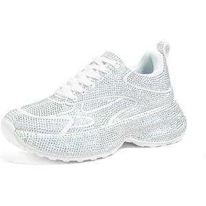 imageLUCKY STEP Rhinestone Chunky Sneakers for Women Fashion Platform Sparkly Dad Casual Shoes Lightweight Tennis Walking Sport FootwearWhite