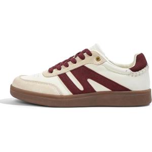 imageLUCKY STEP Women Classic Retro Gum Sole Fashion Sneakers Casual Tennis Skate Shoe Genuine Leather Walking Footwear Anti Slip TrainersBeigeRed