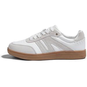 imageLUCKY STEP Women Classic Retro Gum Sole Fashion Sneakers Casual Tennis Skate Shoe Genuine Leather Walking Footwear Anti Slip TrainersWhiteGrey