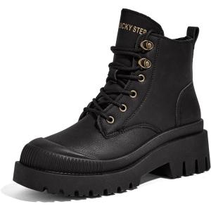 imageLUCKY STEP Womens Platform Ankle Boots Zipper Fashion Combat Thick Lug Sole Durable Chunky Wedge Booties ShoesBlack