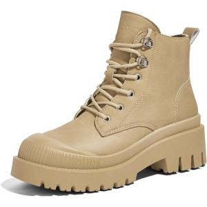 imageLUCKY STEP Womens Platform Ankle Boots Zipper Fashion Combat Thick Lug Sole Durable Chunky Wedge Booties ShoesCamel