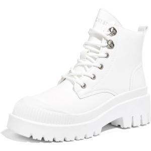 imageLUCKY STEP Womens Platform Ankle Boots Zipper Fashion Combat Thick Lug Sole Durable Chunky Wedge Booties ShoesWhite