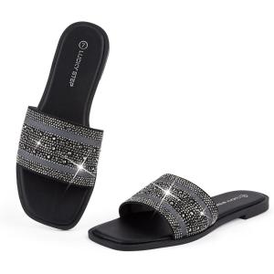imageLUCKY STEP Womens Rhinestone Flat Sandals Square Open Toe Sparkly Glitter Fashion Braided Slide Sandals SummerBlack
