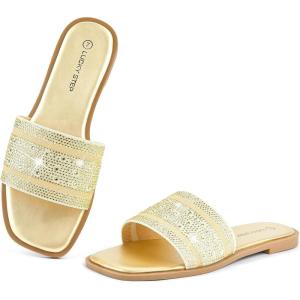 imageLUCKY STEP Womens Rhinestone Flat Sandals Square Open Toe Sparkly Glitter Fashion Braided Slide Sandals SummerGold