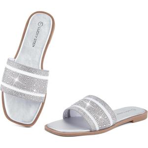 imageLUCKY STEP Womens Rhinestone Flat Sandals Square Open Toe Sparkly Glitter Fashion Braided Slide Sandals SummerSilver