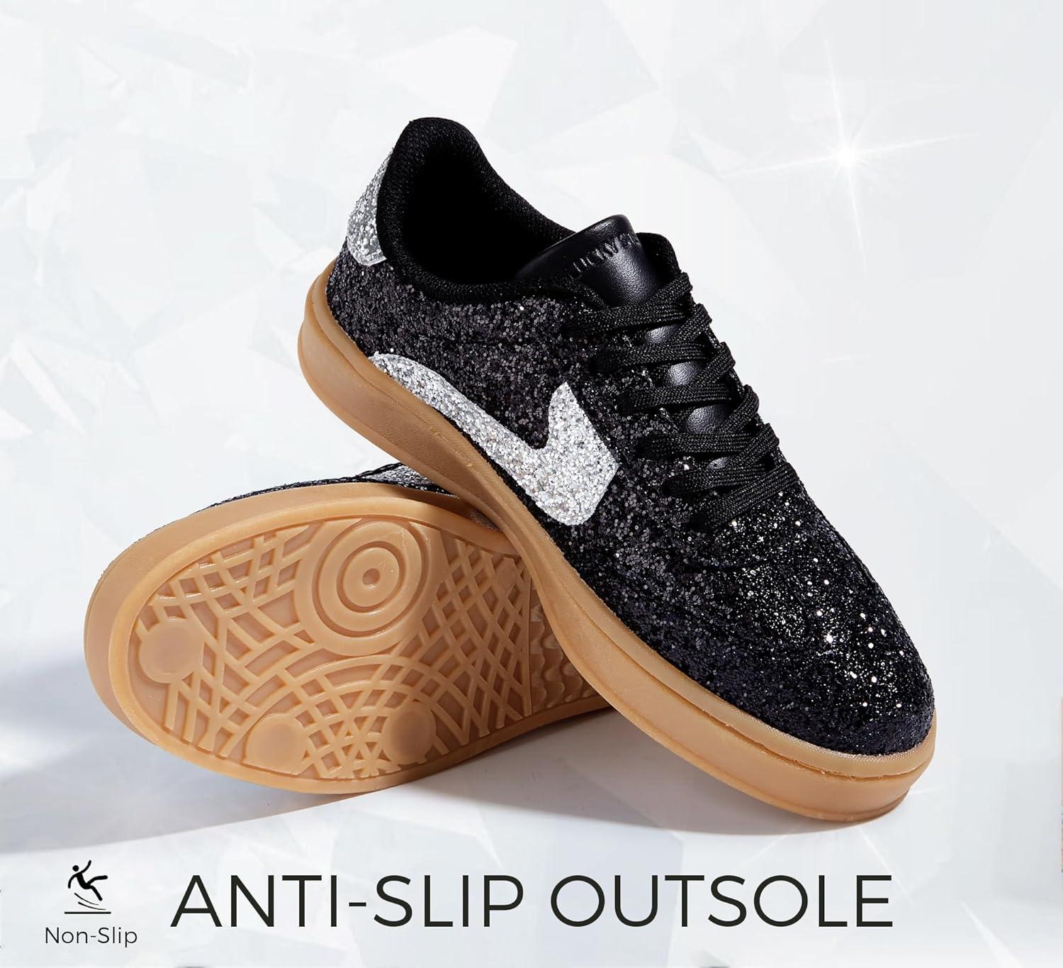 imageLUCKY STEP Womens Glitter Sneakers Fashion Retro Casual Sparkly Bling Shiny Dressy Bedazzled Bridal Wedding Anti Slip Walking ShoesBlackSilver