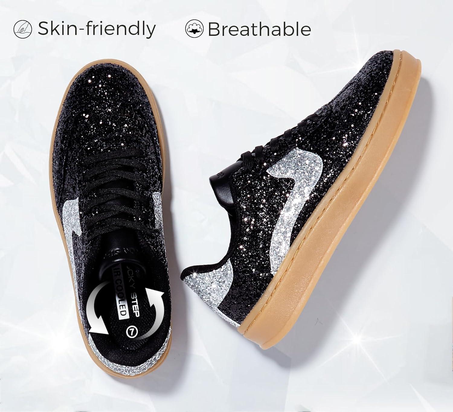 imageLUCKY STEP Womens Glitter Sneakers Fashion Retro Casual Sparkly Bling Shiny Dressy Bedazzled Bridal Wedding Anti Slip Walking ShoesBlackSilver