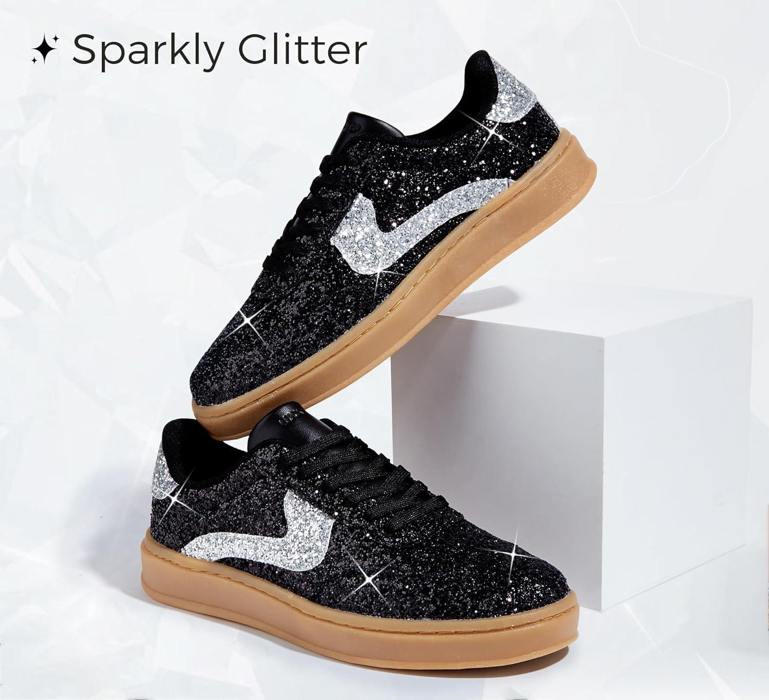 imageLUCKY STEP Womens Glitter Sneakers Fashion Retro Casual Sparkly Bling Shiny Dressy Bedazzled Bridal Wedding Anti Slip Walking ShoesBlackSilver