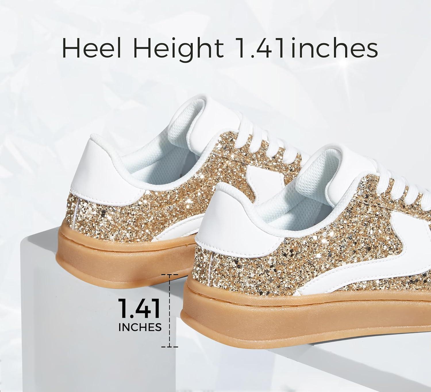 imageLUCKY STEP Womens Glitter Sneakers Fashion Retro Casual Sparkly Bling Shiny Dressy Bedazzled Bridal Wedding Anti Slip Walking ShoesGoldWhite