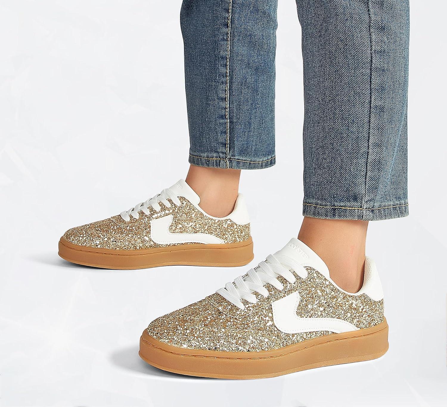 imageLUCKY STEP Womens Glitter Sneakers Fashion Retro Casual Sparkly Bling Shiny Dressy Bedazzled Bridal Wedding Anti Slip Walking ShoesGoldWhite