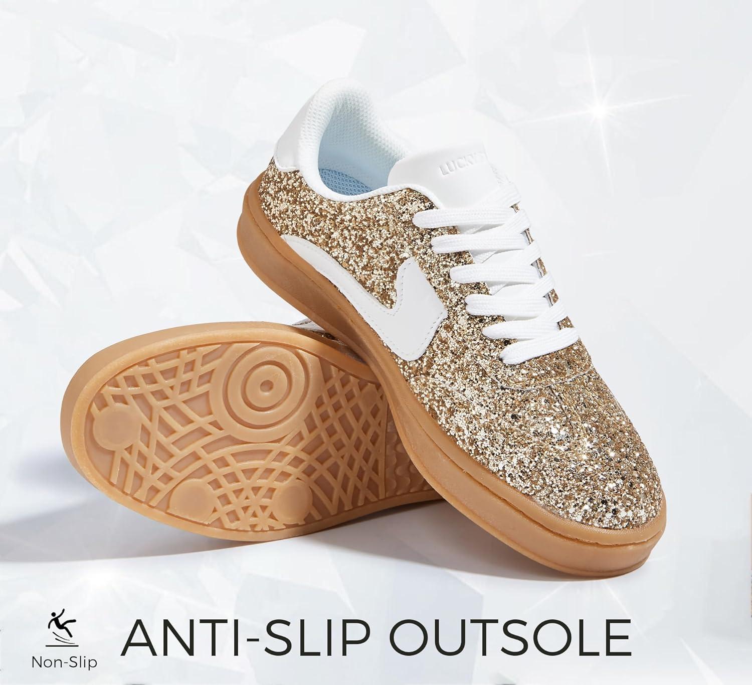 imageLUCKY STEP Womens Glitter Sneakers Fashion Retro Casual Sparkly Bling Shiny Dressy Bedazzled Bridal Wedding Anti Slip Walking ShoesGoldWhite