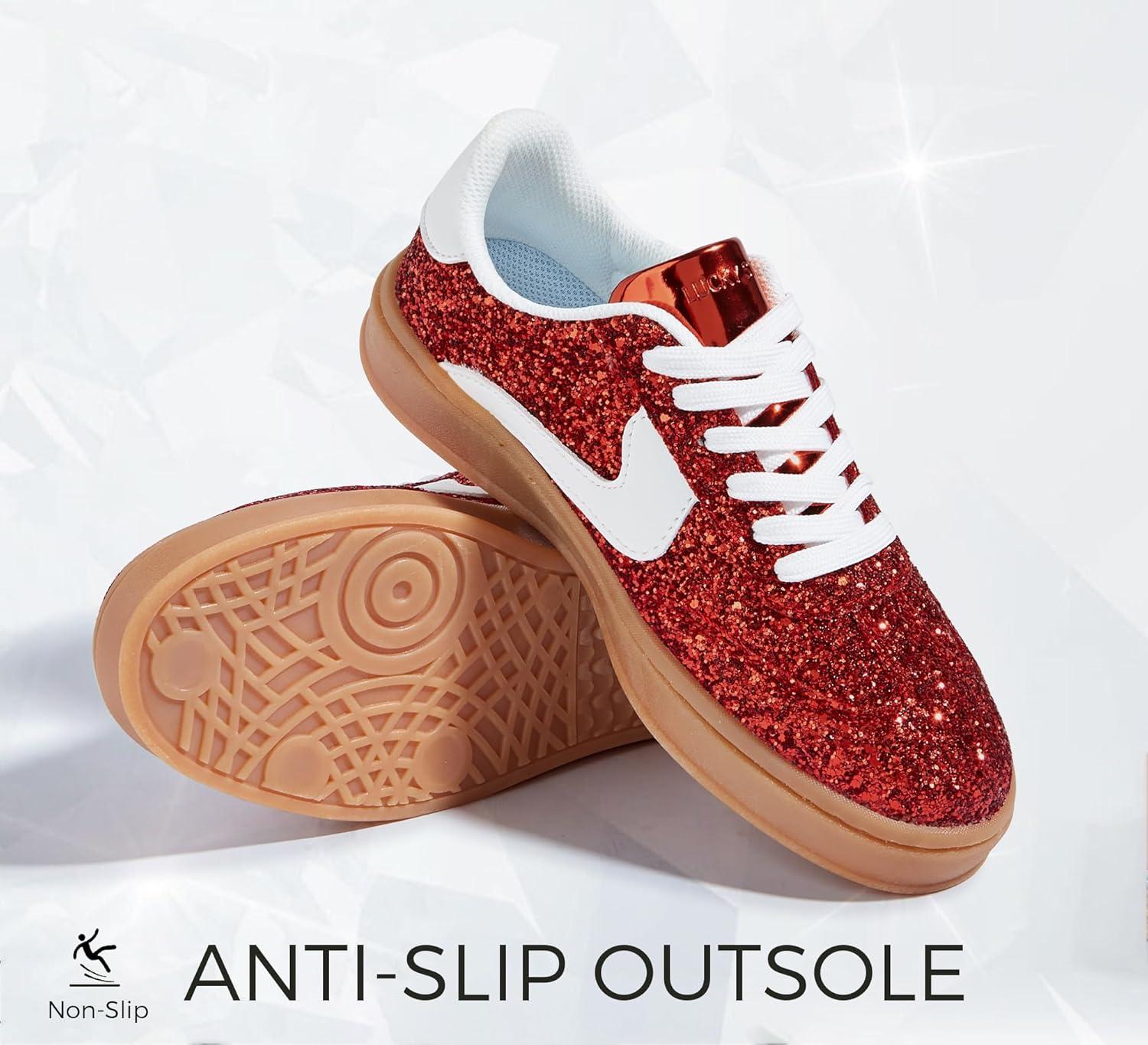 imageLUCKY STEP Womens Glitter Sneakers Fashion Retro Casual Sparkly Bling Shiny Dressy Bedazzled Bridal Wedding Anti Slip Walking ShoesRed