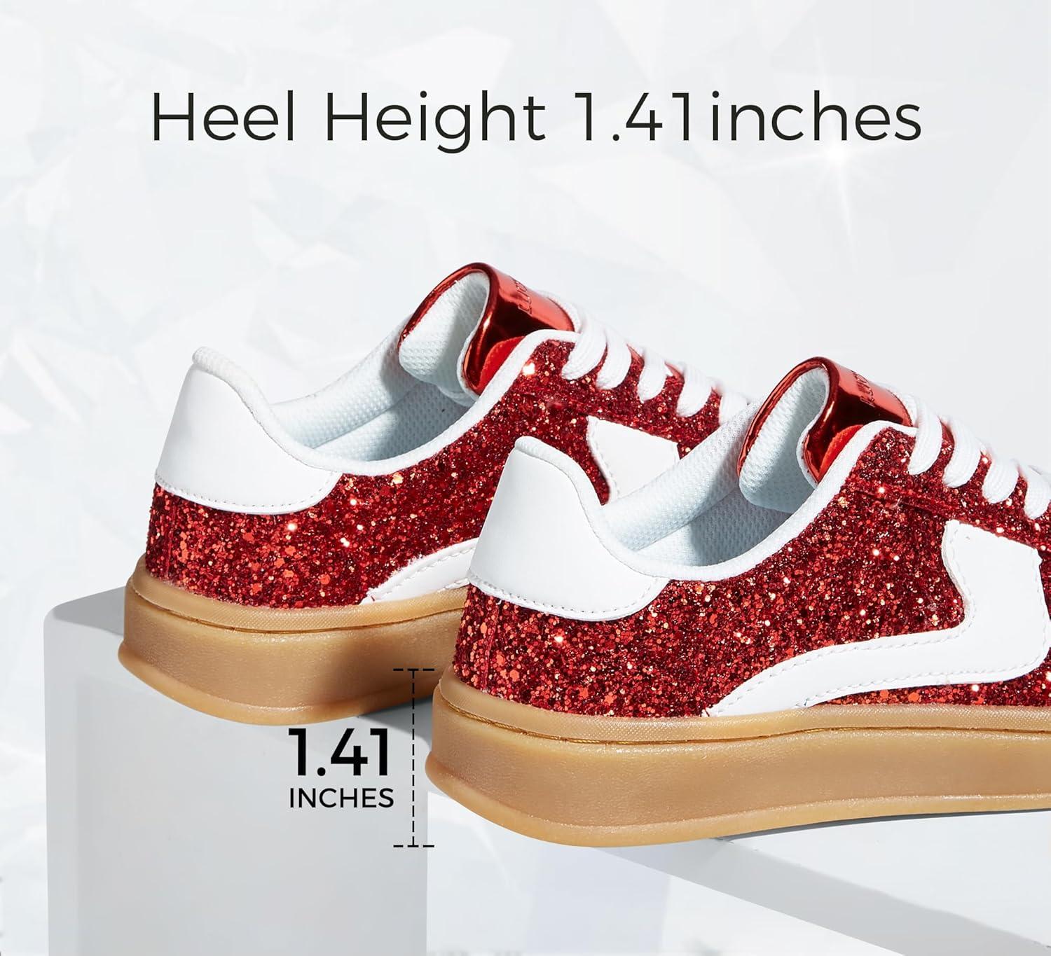 imageLUCKY STEP Womens Glitter Sneakers Fashion Retro Casual Sparkly Bling Shiny Dressy Bedazzled Bridal Wedding Anti Slip Walking ShoesRed