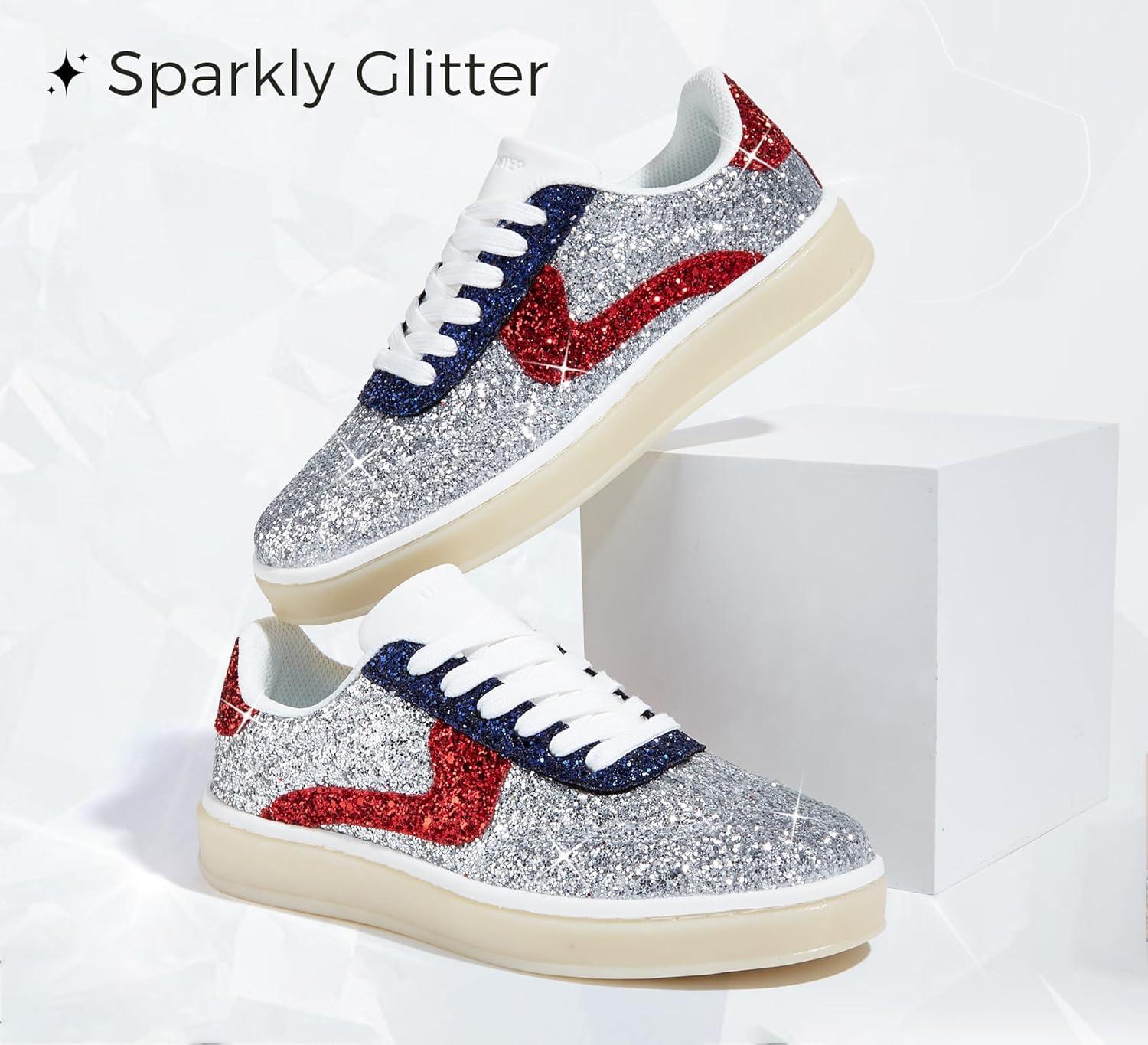 imageLUCKY STEP Womens Glitter Sneakers Fashion Retro Casual Sparkly Bling Shiny Dressy Bedazzled Bridal Wedding Anti Slip Walking ShoesSilverRed
