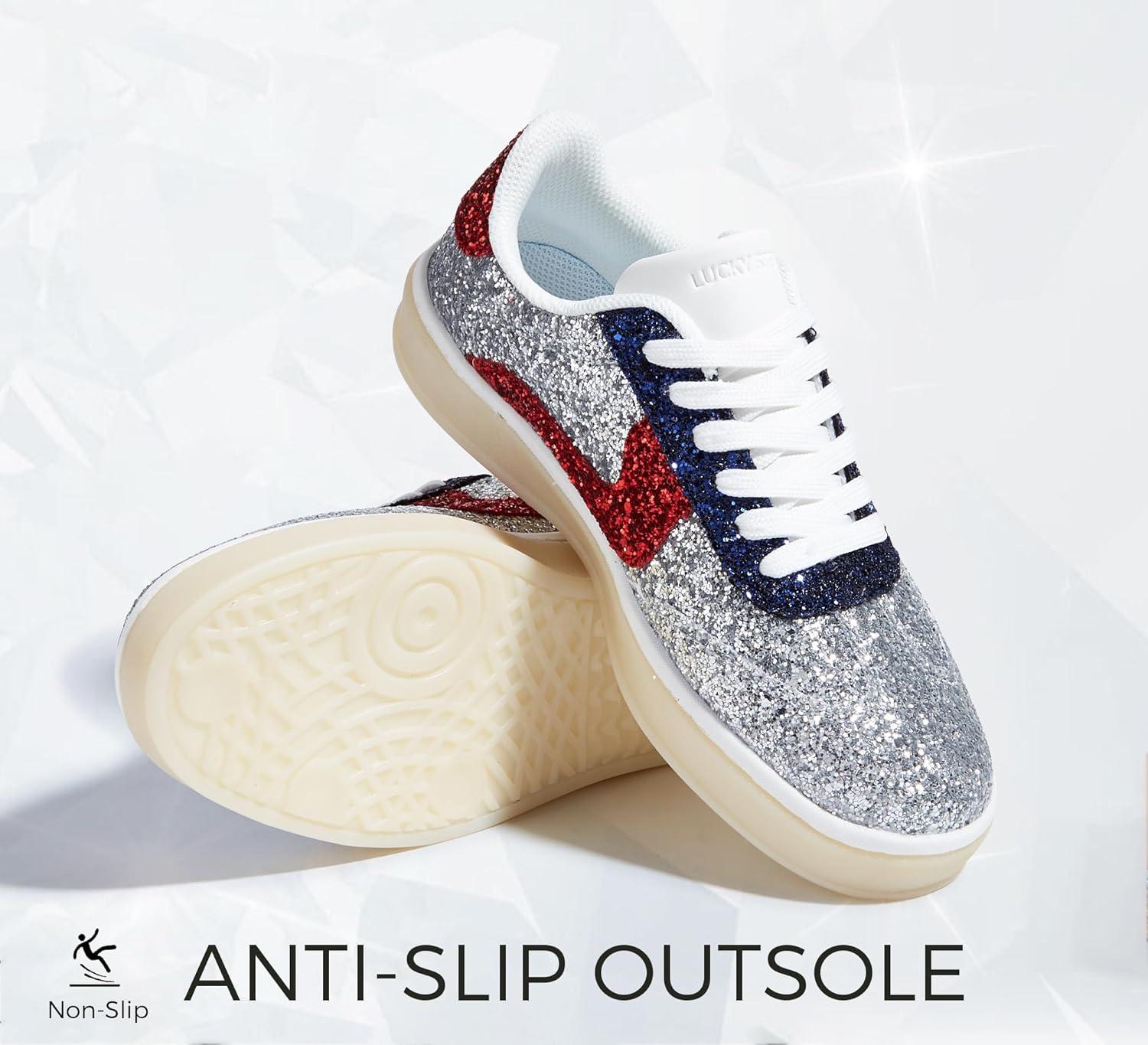 imageLUCKY STEP Womens Glitter Sneakers Fashion Retro Casual Sparkly Bling Shiny Dressy Bedazzled Bridal Wedding Anti Slip Walking ShoesSilverRed