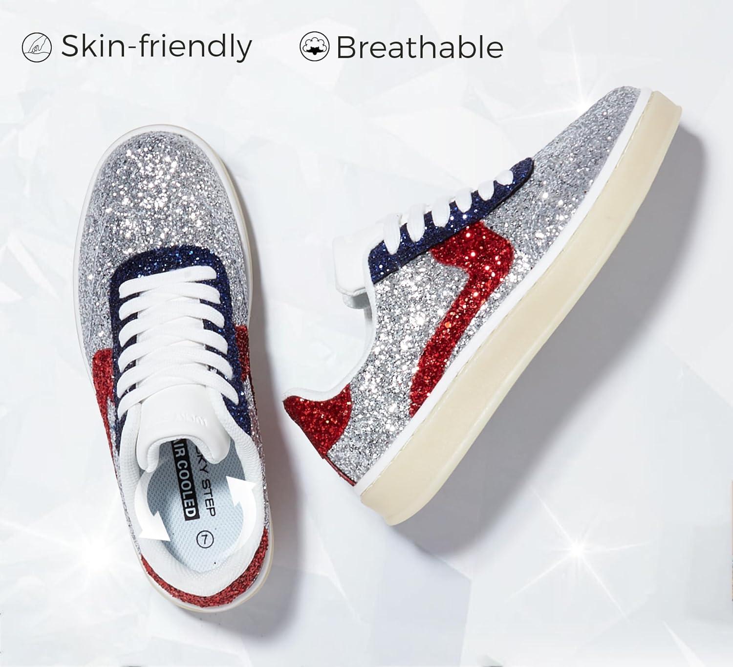 imageLUCKY STEP Womens Glitter Sneakers Fashion Retro Casual Sparkly Bling Shiny Dressy Bedazzled Bridal Wedding Anti Slip Walking ShoesSilverRed