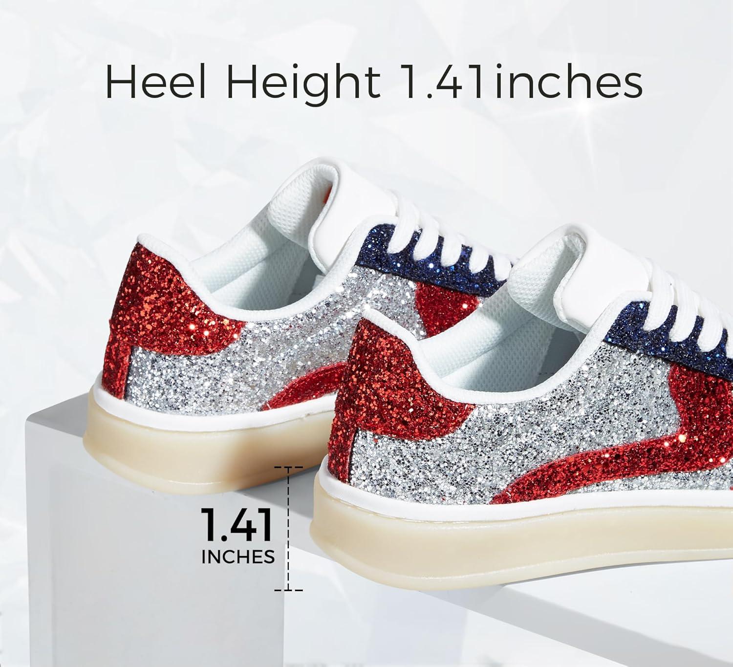 imageLUCKY STEP Womens Glitter Sneakers Fashion Retro Casual Sparkly Bling Shiny Dressy Bedazzled Bridal Wedding Anti Slip Walking ShoesSilverRed