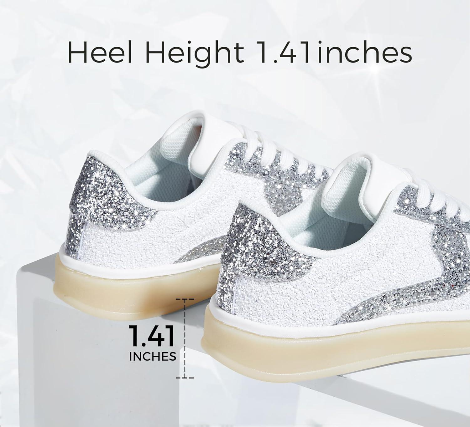 imageLUCKY STEP Womens Glitter Sneakers Fashion Retro Casual Sparkly Bling Shiny Dressy Bedazzled Bridal Wedding Anti Slip Walking ShoesWhiteSilver